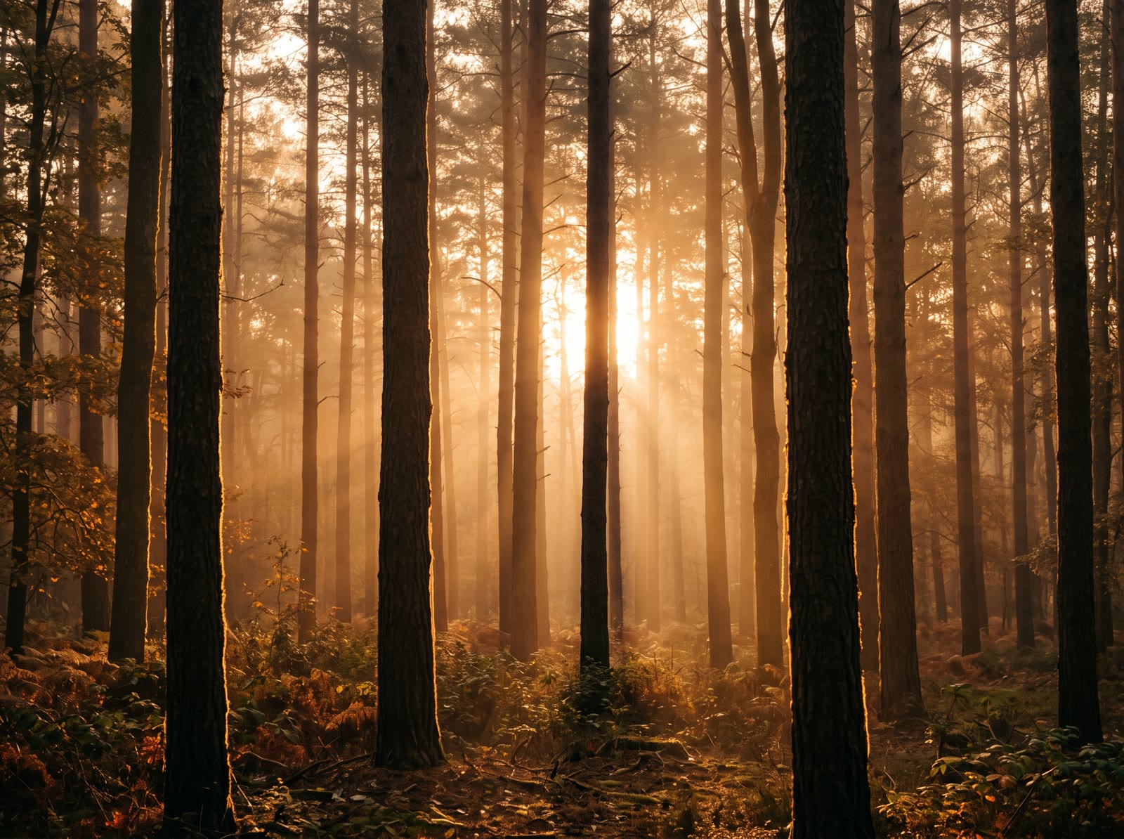 Un sendero de bosque envuelto en luz cálida y neblina retroiluminada.
