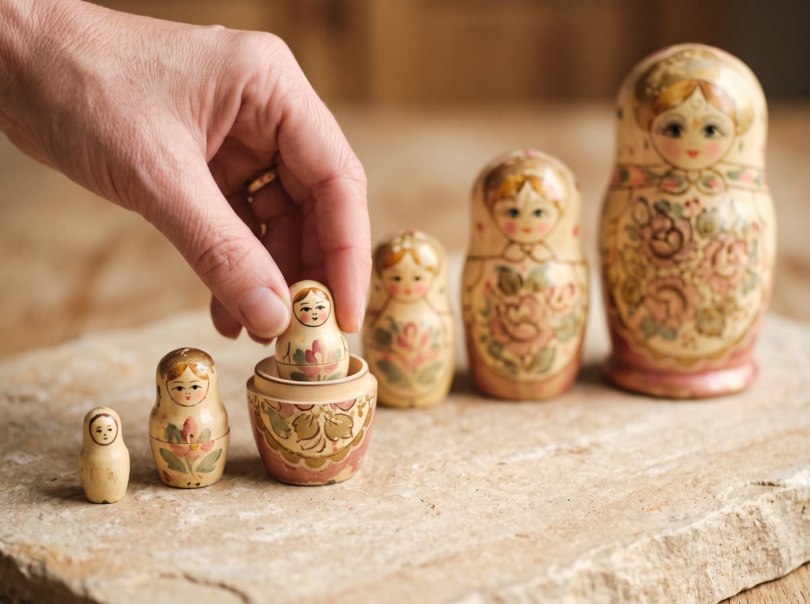 Muñecas matrioska de madera en fila, de la más antigua a la más nueva.