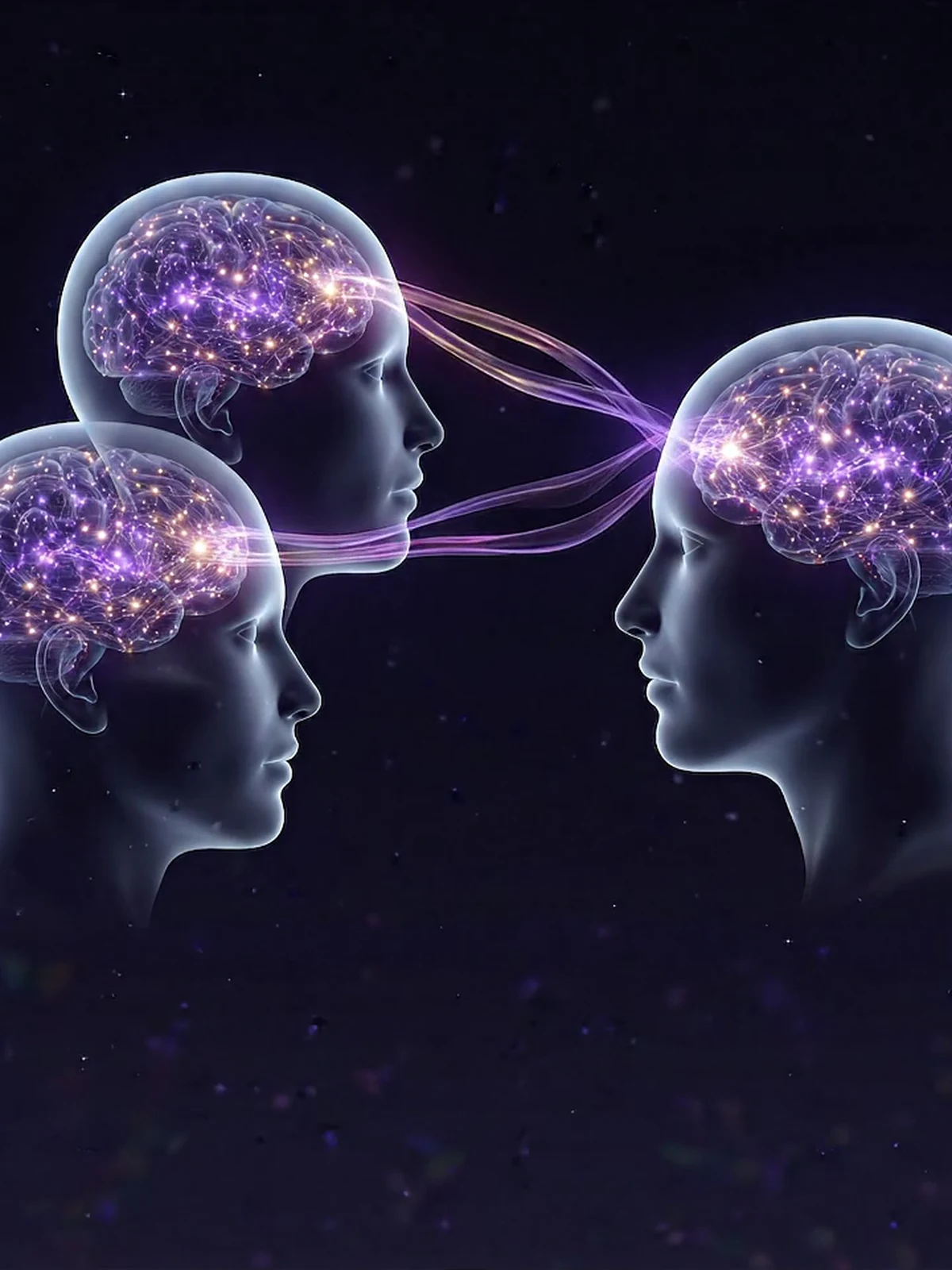Tres perfiles translúcidos con la mente como constelación de luz, conectados por ondas violeta y oro desde la frente
