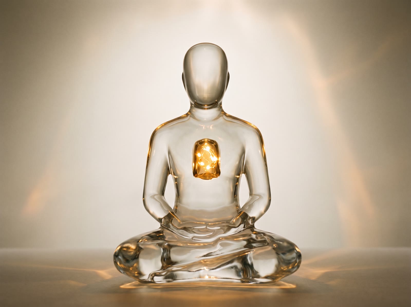 Silueta de cristal translúcido, sentada en postura serena, con una pequeña brasa de luz cálida guardada en el pecho.