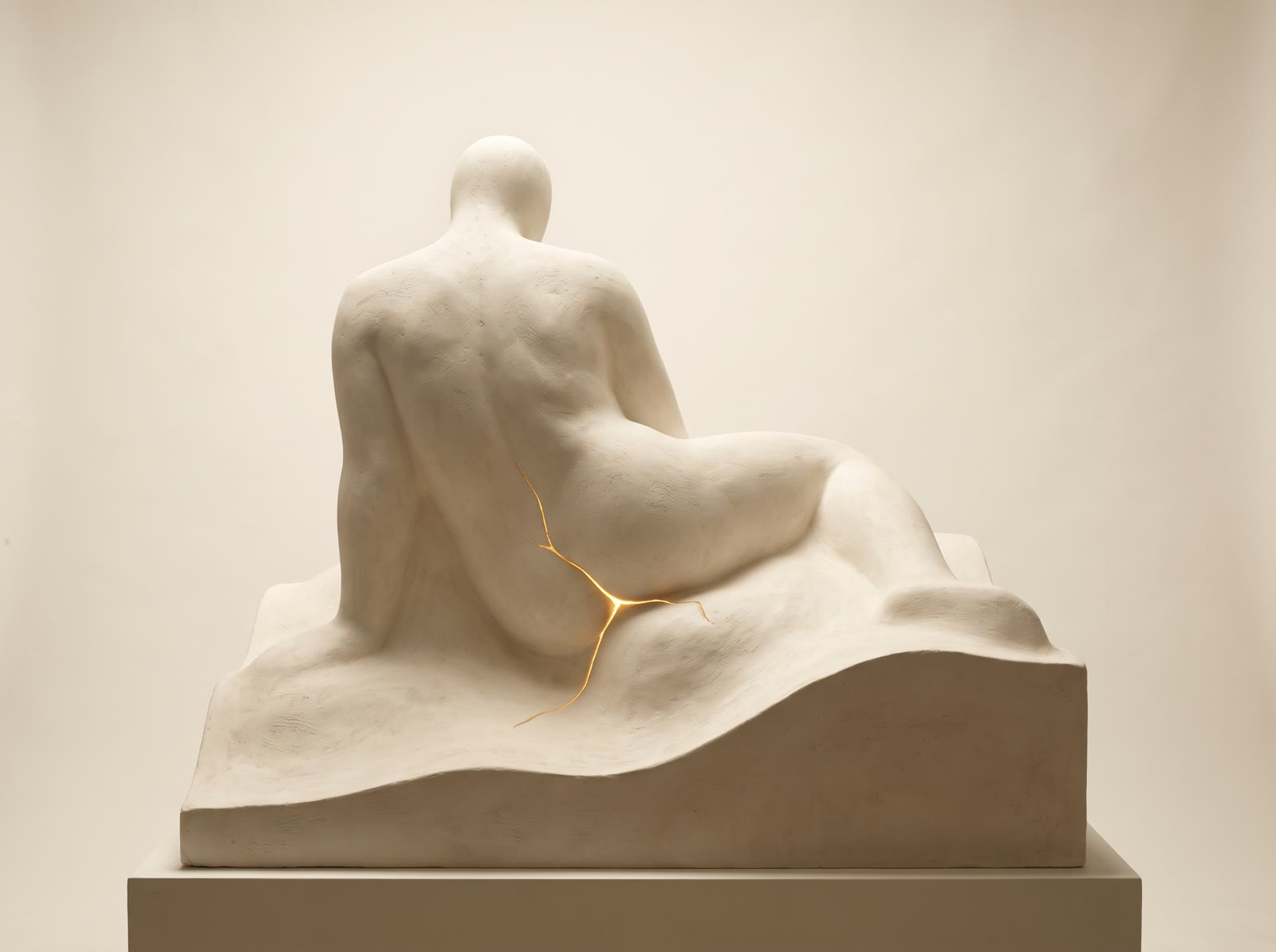 Escultura de yeso de una figura sentada, vista desde atrás, con una fina grieta dorada luminosa en la zona lumbar.